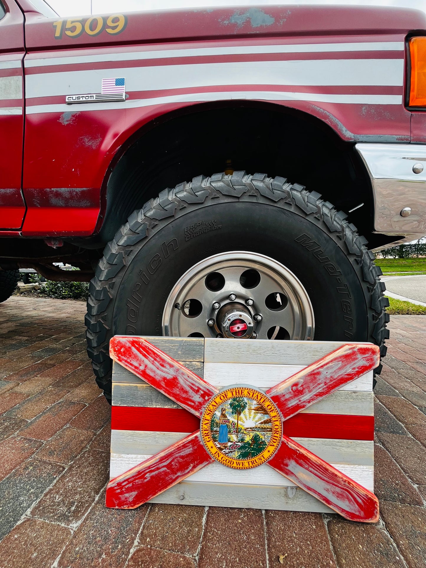 Red Line of Courage Solid Wood Florida + American Flag