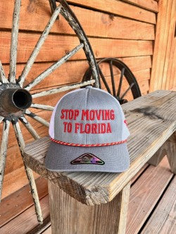 Stop Moving to Florida Trucker – Heather Gray/White/Red Rope 🌴🚫🧳